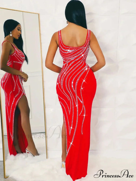 Rhinestone Slit Maxi Party Dress