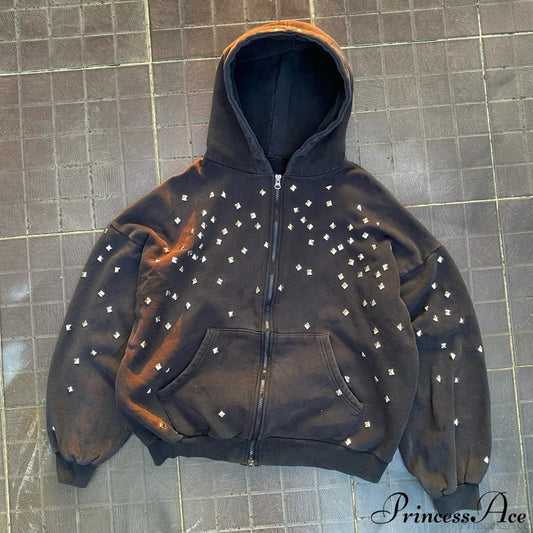 Rhinestone Zip-Up Street Hip-Hop Hoodie