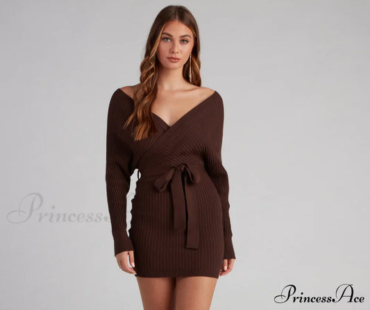 Ribbed Knit Tie-Front Mini Sweater Dress - Lady Occasions