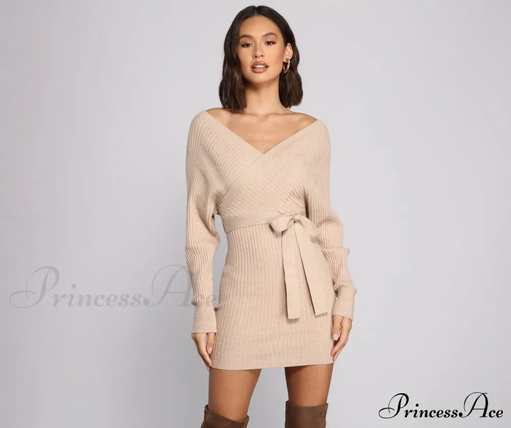 Ribbed Knit Tie-Front Mini Sweater Dress - Lady Occasions