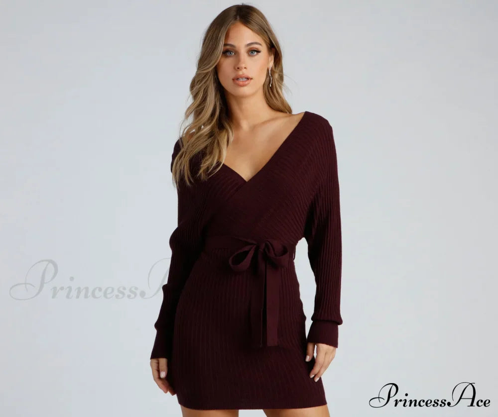 Ribbed Knit Tie-Front Mini Sweater Dress - Lady Occasions