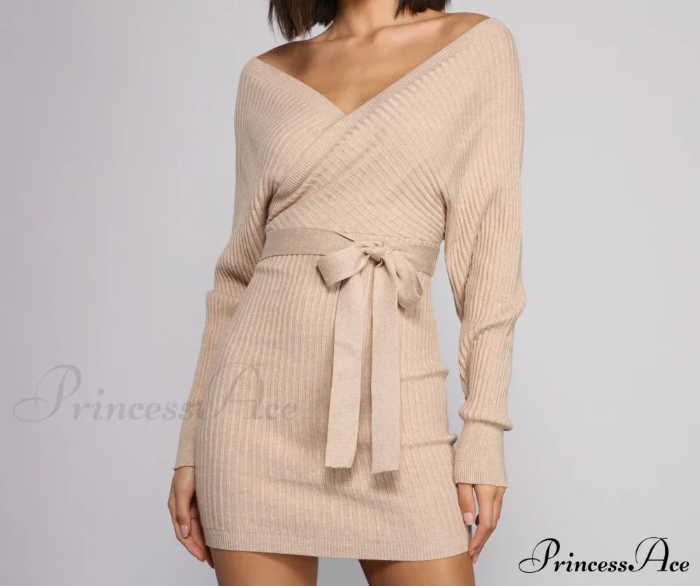 Ribbed Knit Tie-Front Charming Mini Sweater Dress Sweaters-L