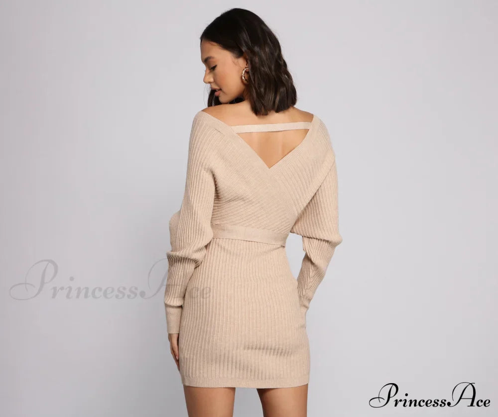 Ribbed Knit Tie-Front Charming Mini Sweater Dress Sweaters-L