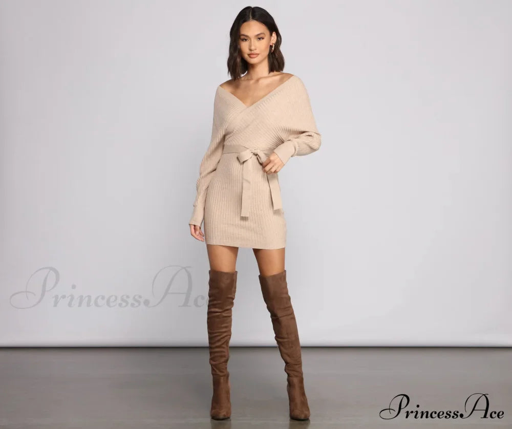 Ribbed Knit Tie-Front Charming Mini Sweater Dress Sweaters-L