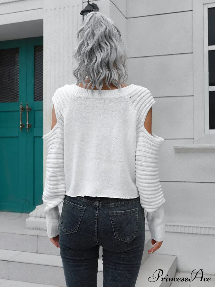 Ribbed Trim Cold-Shoulder Sweater Sweaters-L