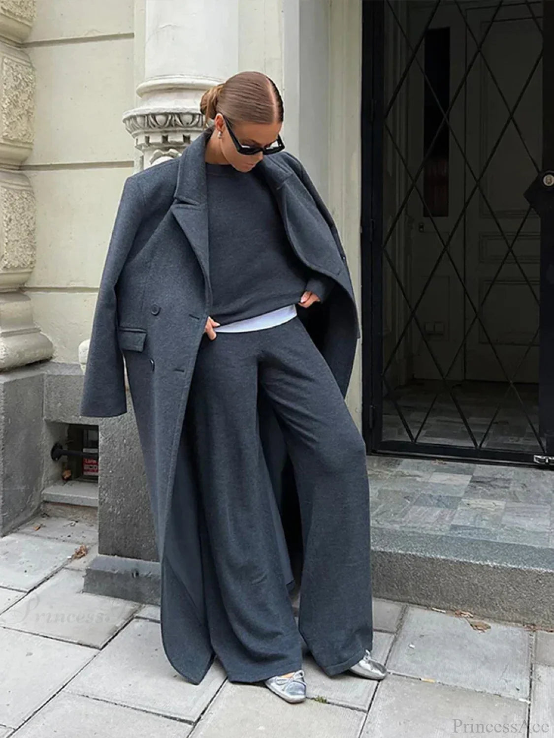 Ribbed Woolen Double-Breasted Overcoat