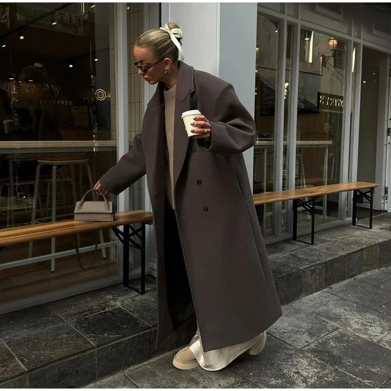 Ribbed Woolen Double-Breasted Overcoat grey 1 / S