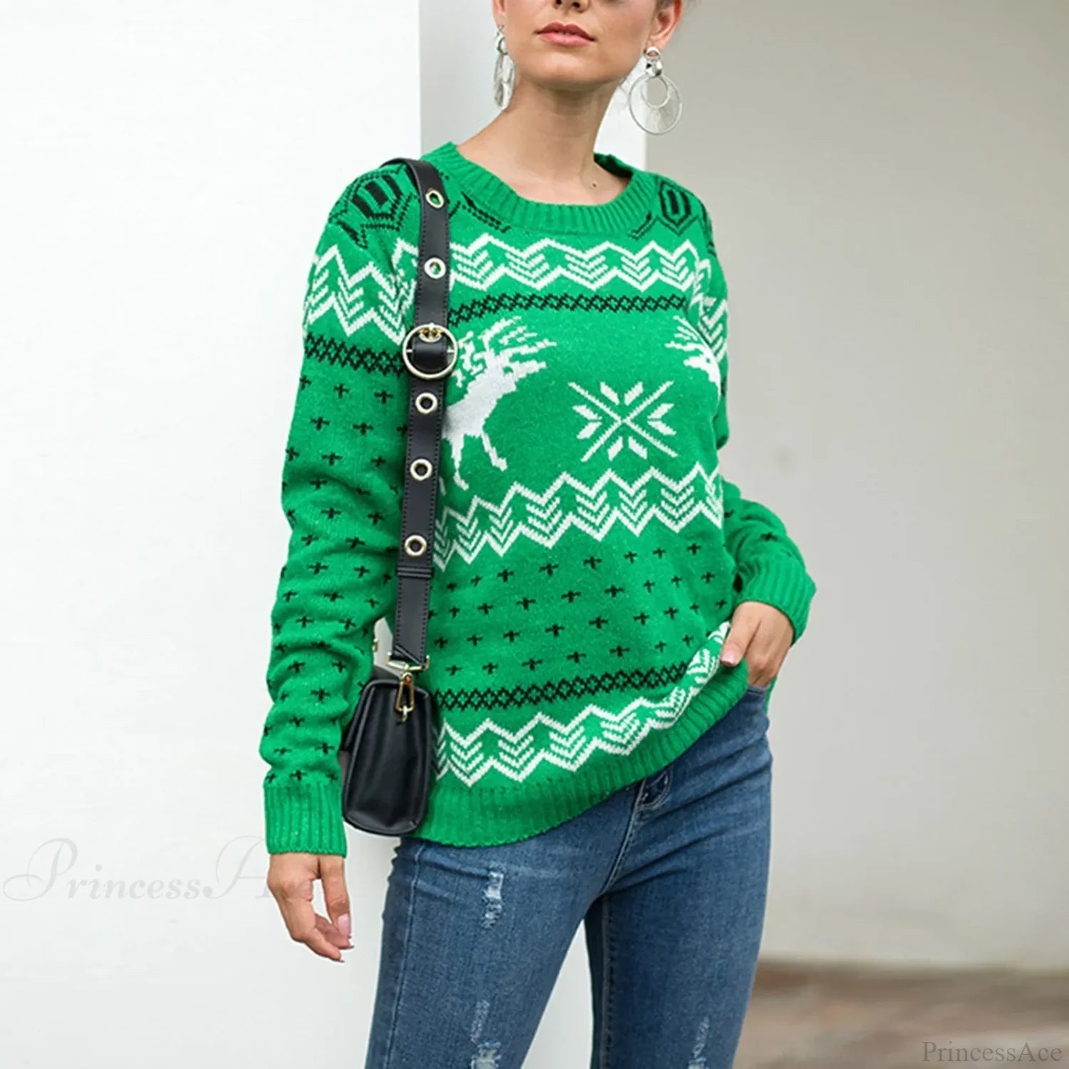 Round Neck Geometric Pattern Printed Xmas Christmas Party Green Sweater Sweaters-L