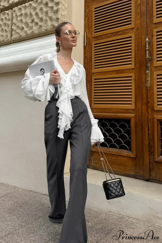 Ruffled V-Neck Long-Sleeve Tie-Waist French Bloshope