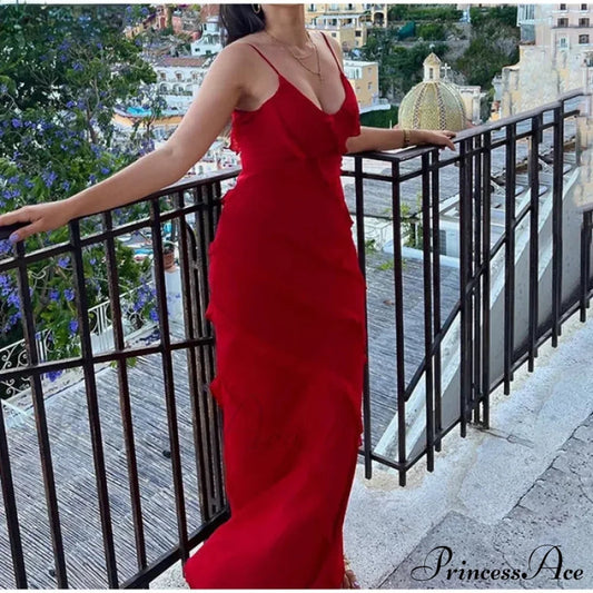 Ruffles Chiffon Maxi Dresses Backless Split Sexy Long Summer Wedding Christmas Party Dress