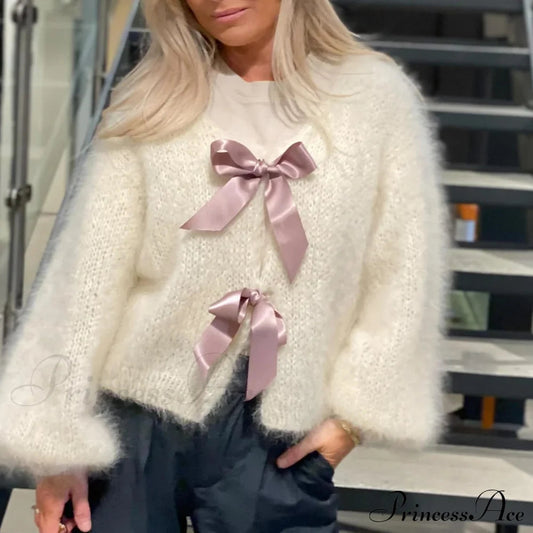 Satin Bow Tied V-neck Cardigan