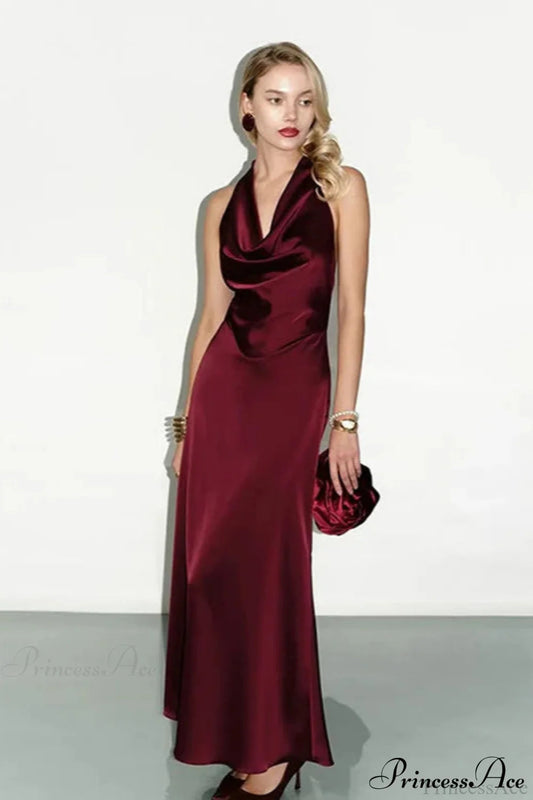 Satin Cowl Neck Halter Backless Slim Maxi Dress