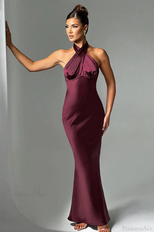 Satin Halter High Waist Fitted Party Dress