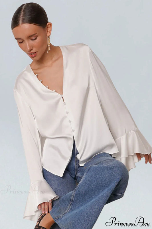 Satin Ruffled Solid Color Blouse