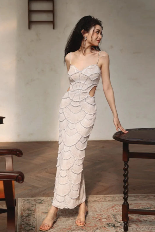 Sequin Beaded Cutout Waist Spaghetti Strap Evening Dress