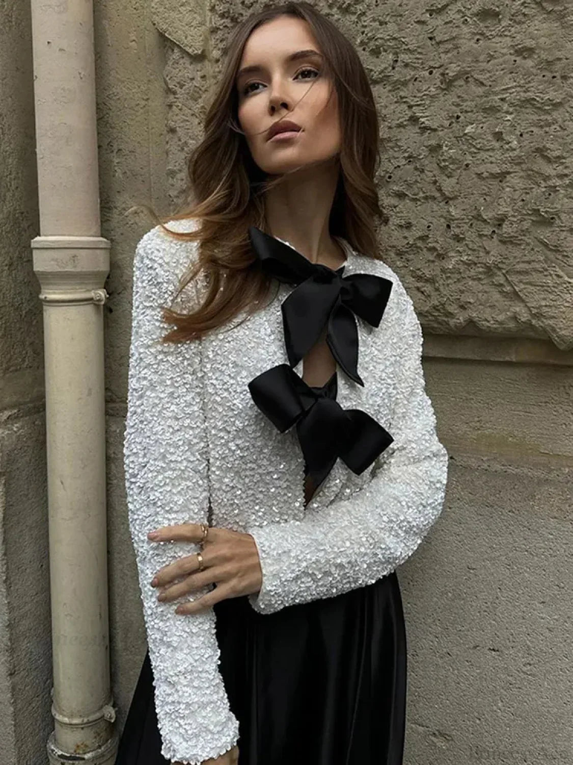 Sequin Bow Lace-Up Short Coat Coats-241208