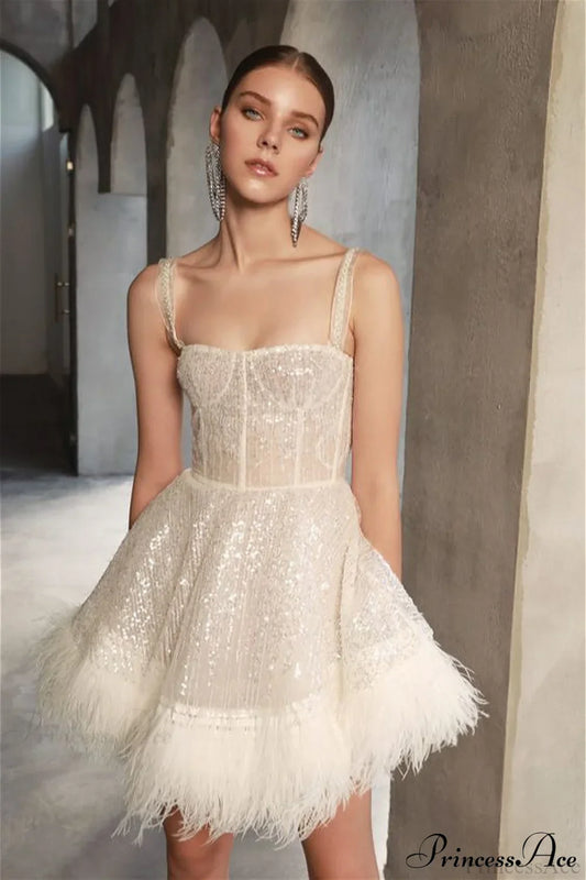 Sequin Feather Strapless Party Dress