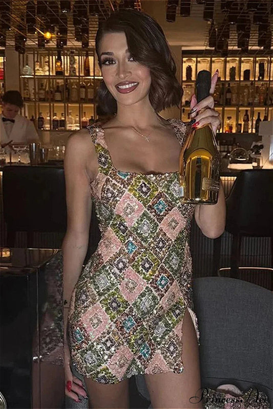 Sequin Halter Mini Floral Dress