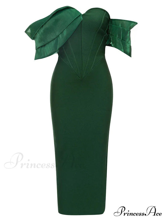 Sexy Asymmetric Sleeves Off Shoulder Bandage Green Slash Neck Christmas Party Dress
