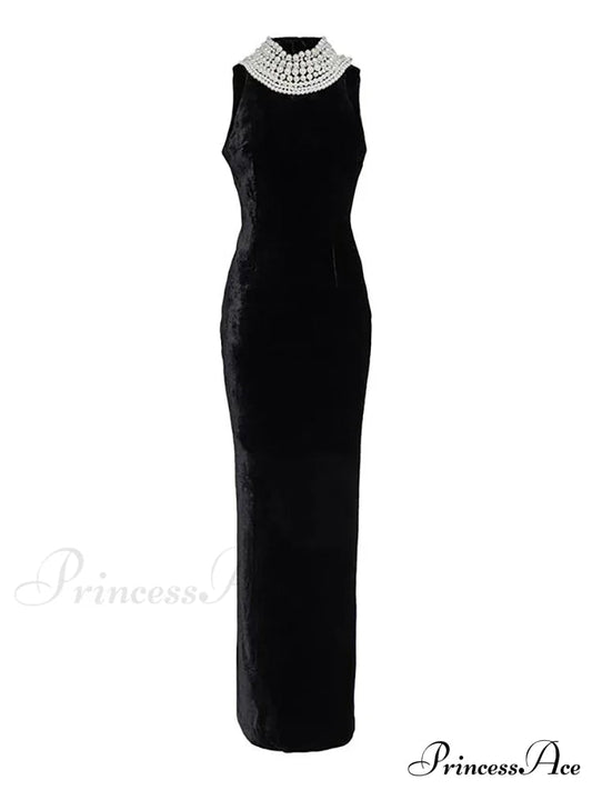 Sexy Black Velvet Halter Neck Pearl Chain Long Dress Maxi Christmas Party Dress