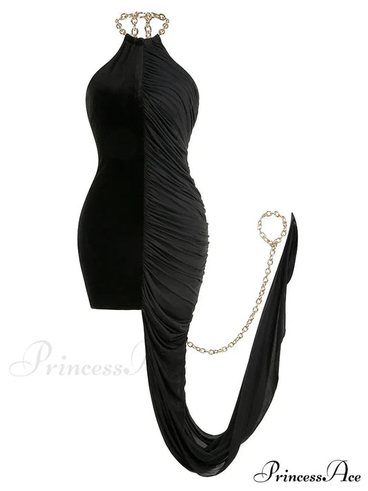 Sexy Chain Halter Neck Patchwork Flods Black Sleeveless Backless Evening Christmas Party Dress