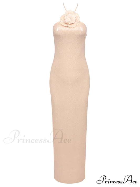 Sexy Halter 3D Flowers Sequins Long Dress Sleeveless Backless Christmas Party Dress