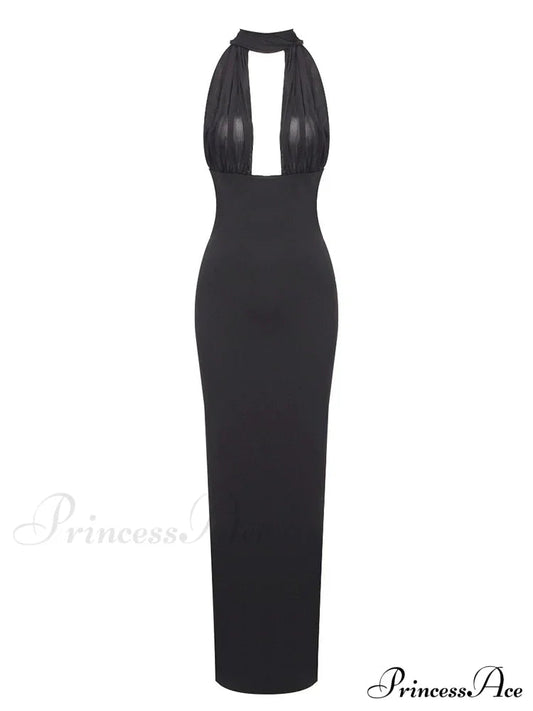 Sexy Halter Backless Mesh Patchwork Black Sleeveless Bodycon Christmas Party Dress