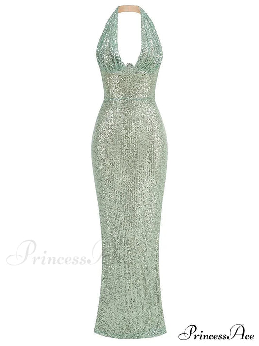 Sexy Halter Deep V Neck Sequins Green Sleeveless Backless Celebrity Christmas Party Dress