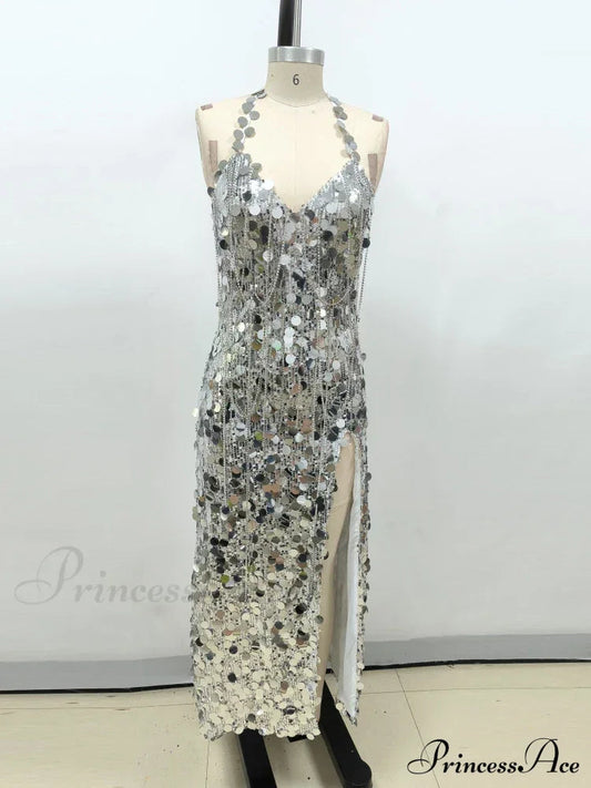 Sexy Halter Lace-up V Neck Shiny Sequins Backless Silver Christmas Party Dress