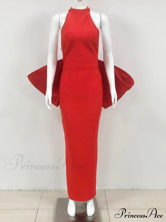 Sexy Halter Neck Backless Bow Design Red Sleeveless Bodycon Christmas Party Dress