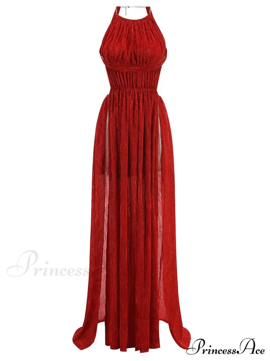 Sexy Halter Neck Chain Pleated High Split Long Dress Backless Christmas Party Dress