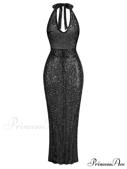 Sexy Halter Neck Lace-up Sparkly Sequins Silver Black Backless Christmas Party Dress