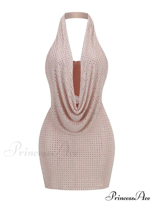 Sexy Halter Neck Low Cut Diamonds Mini Nude Christmas Party Dress