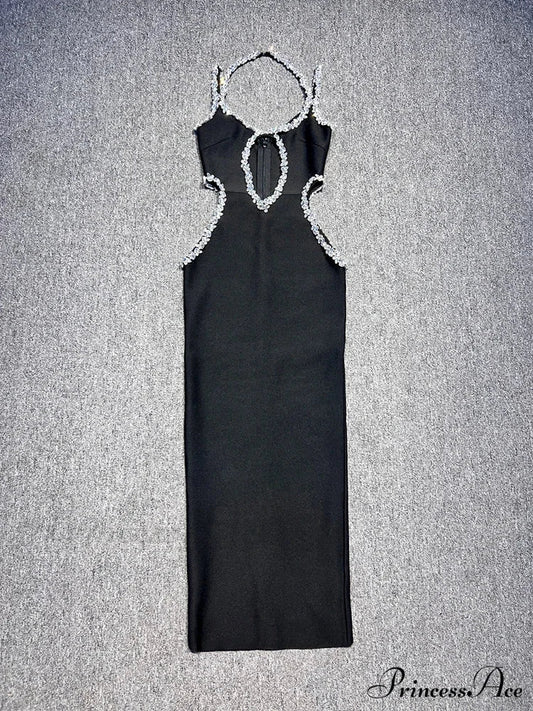 Sexy Halter Neck Sling Hollow Out Crystal Bandage Dress Long Christmas Party Dress