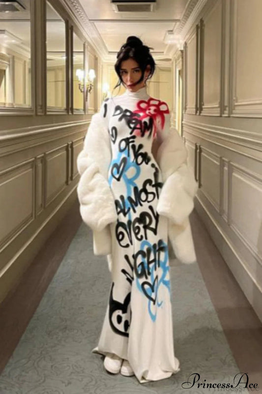 Sexy High Neck Graffiti Color Block Bodycon Maxi Dress