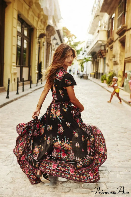 Sexy High Split Flare Sleeve Print Rayon Maxi Boho Dress