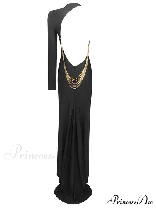 Sexy O Neck One Shoulder Backless Chain Black Long Evening Christmas Party Dress