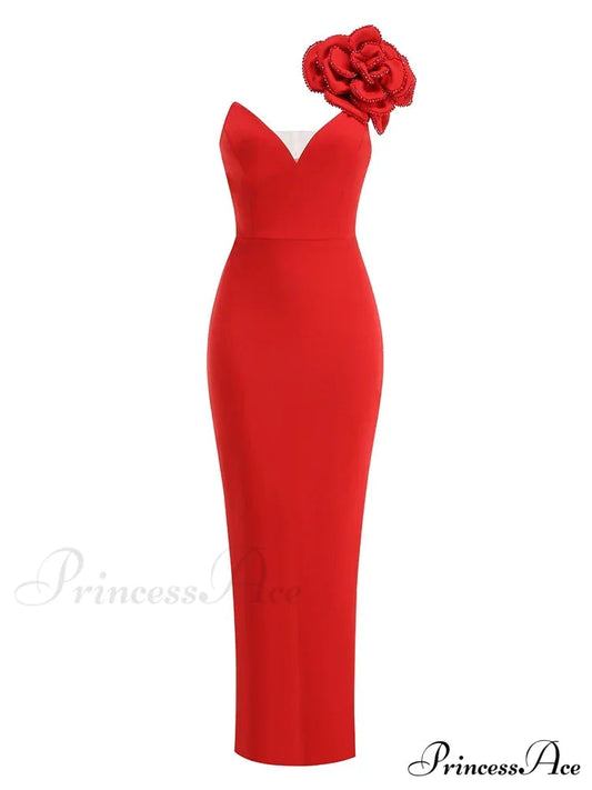 Sexy One Shoulder Diamonds Flower Patchwork Maxi Red Christmas Party Dress