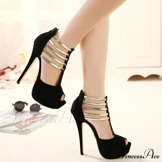 Sexy Open Toe Platform Narrow Band Hollow Stilettos Rear Zipper Pumps 16CM Thin High Heel