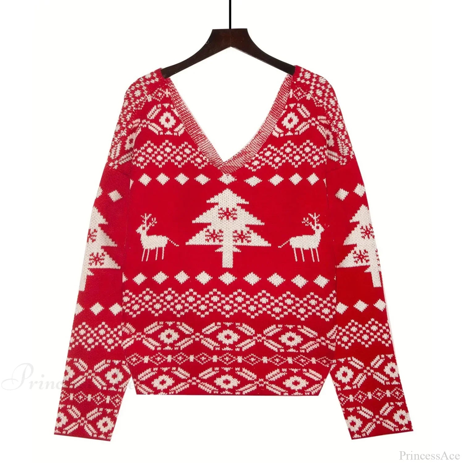 Sexy Oversized Low Back Deep V-Neck Hot Red Pullover Christmas Sweater Sweaters-L