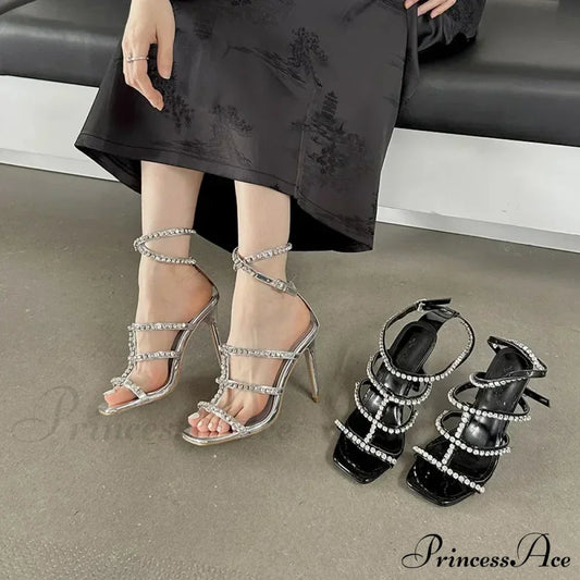 Sexy Peep Toe Square Head Thin High Heel Women Sandals Silver Rhinestone AnkleBuckle Strap High Heel