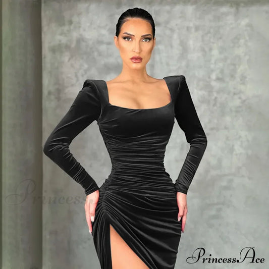 Sexy Red Velvet Elegant Midi Christmas Party Dress