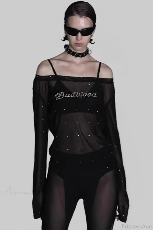 Sexy Rhinestone Embellished Off-the-Shoulder Tulle Blouse