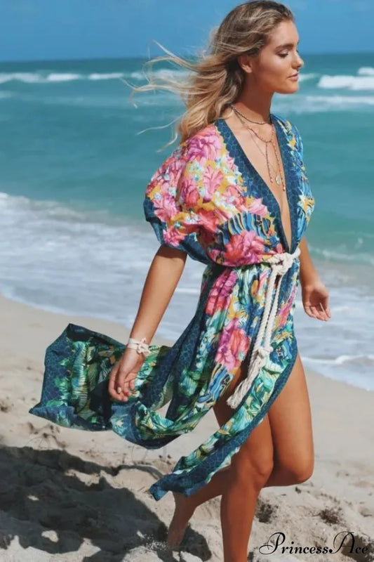 Sexy Side Split Beach Kaftan Tunic Boho Floral Print Summer Dress