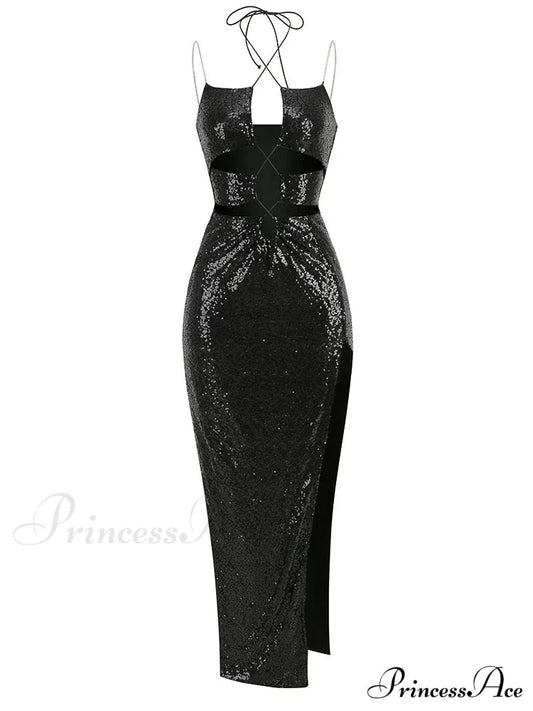 Sexy Sleeveless Cut Out Black Sequins Elegant Backless High Slit Christmas Party Dress