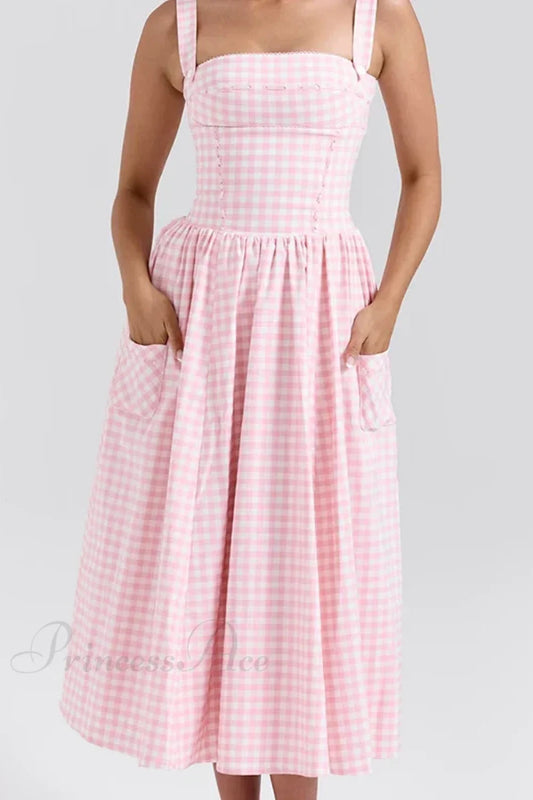 Sexy Sleeveless Plaid Fit and Flare Maxi Dress