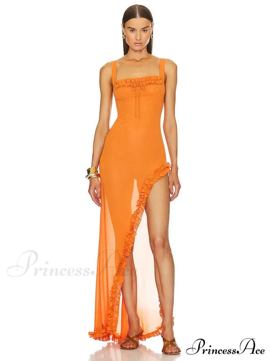 Sexy Sleeveless Square Mesh Perspective Ruffle Long Orange Sheer IrRegular Christmas Party Dress