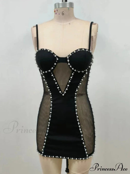 Sexy Spaghetti Strap Mesh Patchwork Pearl Mini Black Sleeveless Christmas Party Dress
