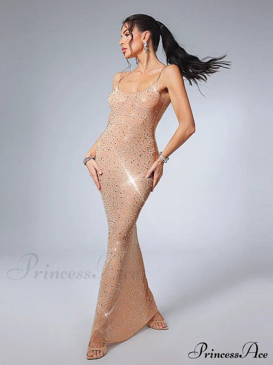 Sexy Spaghetti Strap Perspective Luxury Diamond Sleeveless See Through Christmas Party Dress