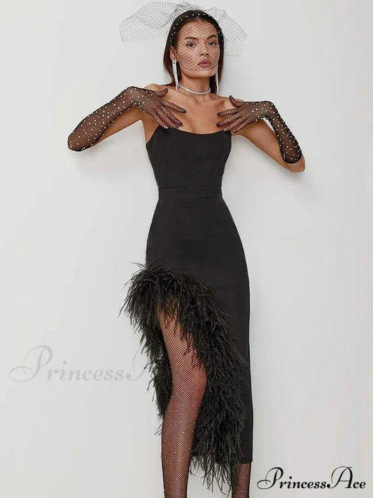 Sexy Strapless Feathers Midi Bandage Black White Backless Christmas Party Dress
